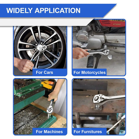 Three Piece Ratchet Set With One Quarter Inch, Three Eighth Inch, And One Half Inch Drive Sockets used for cars, motorcycles, machines, furniture.