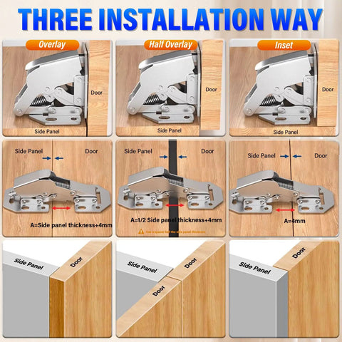 4 Pack Soft Close Cabinet Hinges Surface Mount Hidden Hinges For Frameless Cabinet Doors No Pre Drilled Easy To Install with three installation modes shown.