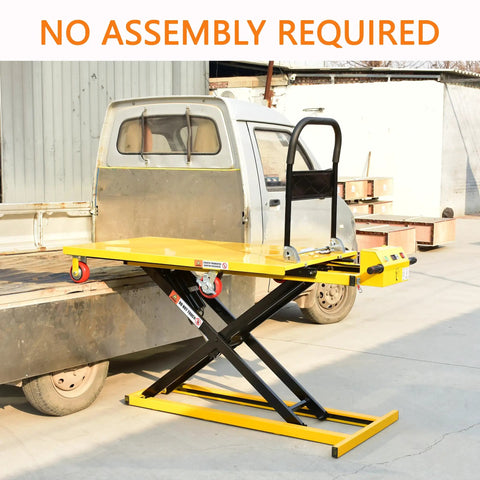 Heavy Duty Electric Scissor Lift Table Cart 47 Inch Height With 660 Lbs Capacity Portable flatbed on a truck loading area.