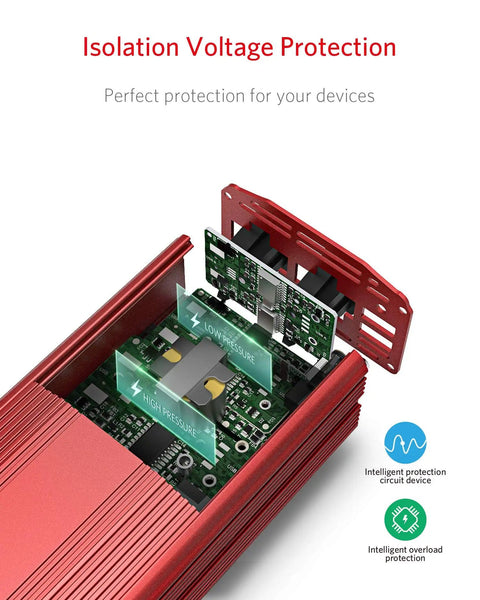 Power Inverter 500W DC 12V To 110V AC With Alligator Battery Clamp showing internal circuit protection features