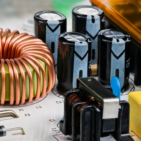 Electrolytic Capacitor Kit with 24 Inline Aluminum Caps on circuit board, showing compact size and design for DIY electronics projects.