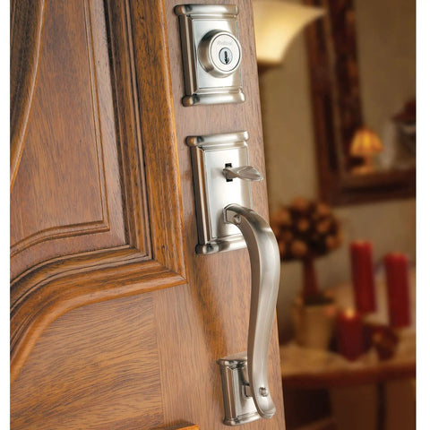 Exterior Front Door Lock Set With Handle And Deadbolt In Satin Nickel, Pick Resistant SmartKey Rekey Security, Exterior Handleset Only