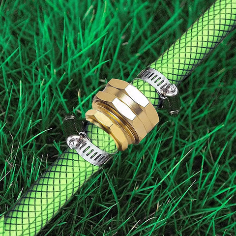 Durable Garden Hose Repair Kit with aluminum connectors and stainless steel clamps on green hose in grass