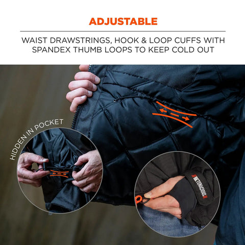 Close-up of Heavy Duty Winter Work Thermal Jacket With 500D Nylon Shell Black X Large, adjustable cuffs with spandex thumb loops