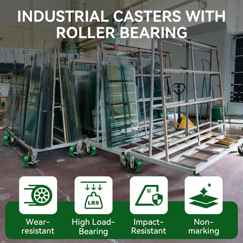 Industrial Swivel Caster Wheels Set Of 4 Heavy Duty Polyurethane Casters With 4000 Lb Load Capacity shown on workshop cart