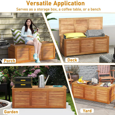 Acacia Wood Deck Box 46 Gallon Outdoor Storage Bin For Patio Cushions Pillows Garden Tools Pool Accessories And Wooden Porch Bench Indoor Outdoor Storage Chest shown in various settings including porch, deck, and garden.