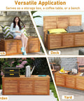Acacia Wood Deck Box Bench 47 Gallon Outdoor Storage Chest With Seating shown on porch, deck, garden, and yard applications