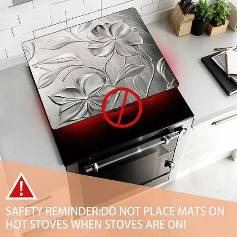 Anti Slip Electric Stove Top Cover 28 By 20 Inches Heat Resistant Glass Stove Top Protector Foldable Flower Pattern Silver Finish