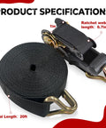 Two Pack Beefy Heavy Duty 1 Inch By 20 Foot Ratchet Tie Down Straps With Double J Hooks 2200 Pound Break Strength