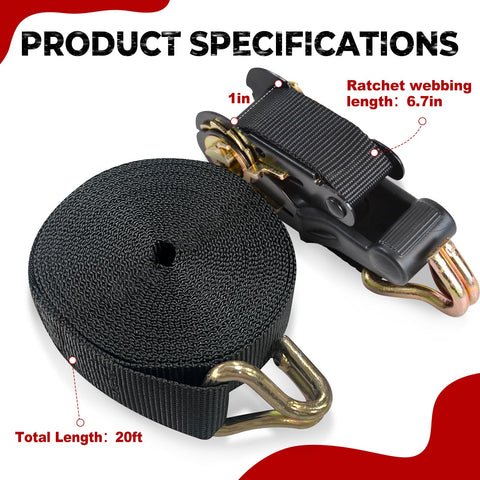 Two Pack Beefy Heavy Duty 1 Inch By 20 Foot Ratchet Tie Down Straps With Double J Hooks 2200 Pound Break Strength