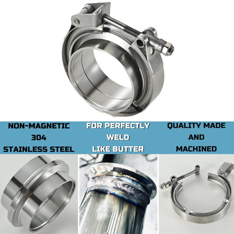 2.5 Inch Quick Release V Band Clamp And Flange Pair For Exhaust Turbo Downpipe Built With Beefy 304 Stainless Steel And Heavy Duty Hardened T Bolts To Keep Your Setup Hog Tied And Leak Free