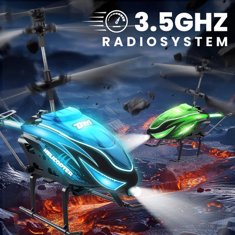 RC Helicopter With LED Lights And Auto Hover, 7 Color Modes Plus Demo Mode, flying over rocky terrain with 3.5GHz radio system