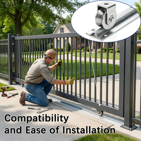 24 Ft Heavy Duty Inverted V Track For 1 In V Groove Rollers Sliding Gate Systems Includes Hammer Drive Anchors All Weather Galvanized Steel Built Tough For Weatherproof Driveway Gates Car Entry Doors And Rolling Gates in use, man installing sliding gate.