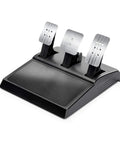 Thrustmaster T300RS GT pedal set with three aluminum pedals on a black base, front view