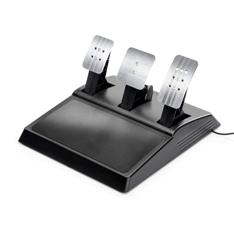 Thrustmaster T300RS GT pedal set with three aluminum pedals on a black base, front view