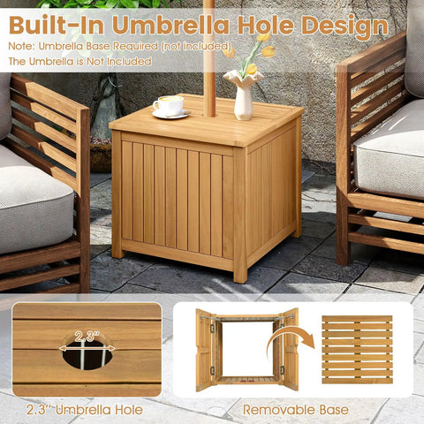 2 In 1 Outdoor Side Table With Storage In Acacia Wood Slatted Design With Umbrella Hole And Removable Base Square End Storage Box