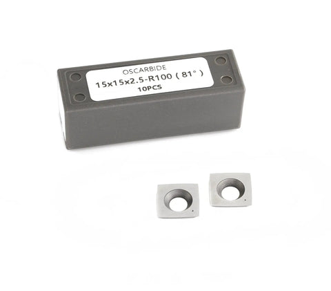 Pro Grade Spiral Shelix Carbide Insert Set For Wood Planer Heads, 15mm Square Cutters 15x15x2.5mm R100 81 Degree, box and pieces