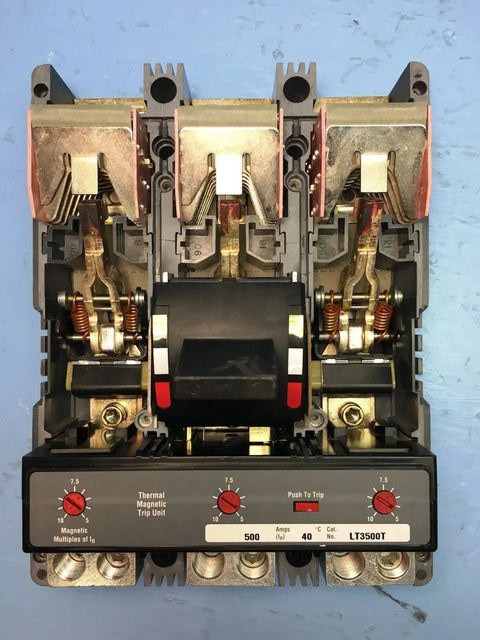 Built Tough Hld3500 Circuit Breaker Features 3500 Amp Rating And Nema L Frame Series C Design viewed from the front with clear trip settings.