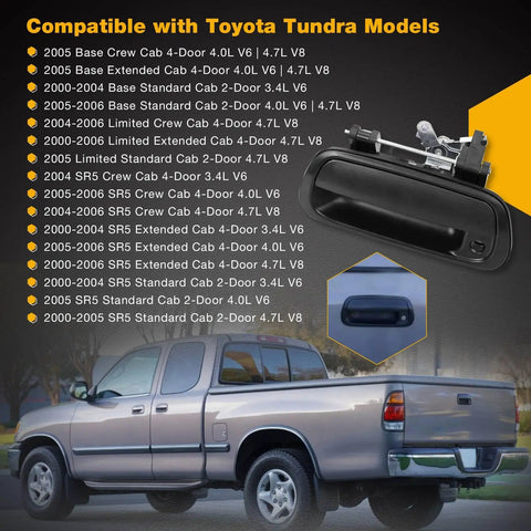 Tailgate Handle Liftgate Latch With Keyhole For 2000-2006 Toyota Tundra with mounting guide, shown alongside compatible Tundra models.