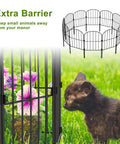 Arched 10 Pack Metal Garden Fence Panels Rustproof Wire Edging for Outdoor Yard Landscape Animal Barrier Fence 10Ft Total Length 24In High No Fuss Install to Protect Flowers Landscaping surrounding floral bed with cat nearby.
