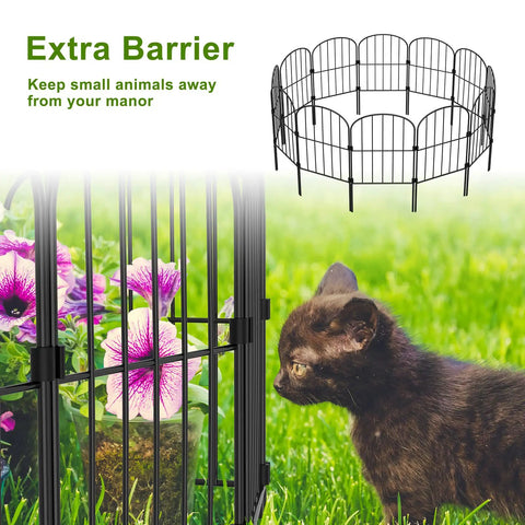 Arched 10 Pack Metal Garden Fence Panels Rustproof Wire Edging for Outdoor Yard Landscape Animal Barrier Fence 10Ft Total Length 24In High No Fuss Install to Protect Flowers Landscaping surrounding floral bed with cat nearby.
