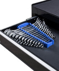 Premium 14 Piece Angle Head Open End Wrench Set In Chrome Vanadium Steel With Rust Resistant Mirror Finish, stored in drawer.