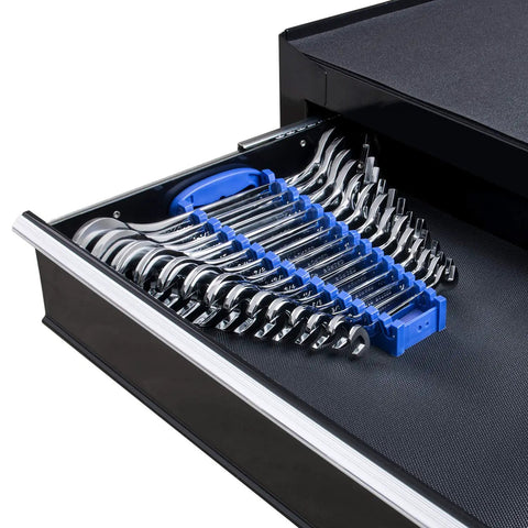 Premium 14 Piece Angle Head Open End Wrench Set In Chrome Vanadium Steel With Rust Resistant Mirror Finish, stored in drawer.