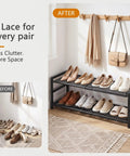 Rock Solid Expandable Shoe Rack Black Two Tier Metal Closet Organizer Holds Eight Pairs Of Sneakers on display with footwear organized.