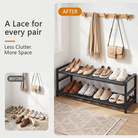 Rock Solid Expandable Shoe Rack Black Two Tier Metal Closet Organizer Holds Eight Pairs Of Sneakers on display with footwear organized.