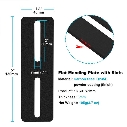 Diagram of Ten Pack Five Inch Black Flat Mending Plates With Long Slots, showing dimensions and material details