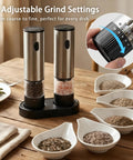 2 Pack Rechargeable Electric Salt And Pepper Grinder Set With USB Type C Charging on a kitchen table with bowls