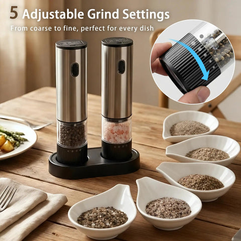 2 Pack Rechargeable Electric Salt And Pepper Grinder Set With USB Type C Charging on a kitchen table with bowls