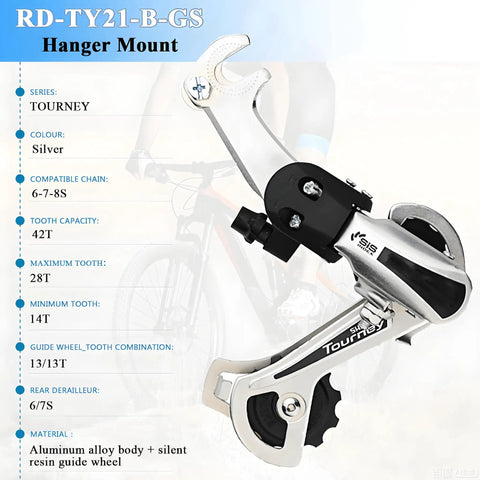 Rear Derailleur RD TY21B 6 And 7 Speed Replacement For Mountain Bikes, Cruisers, Commuters, And Kids Bikes - Hanger Mount Compatible