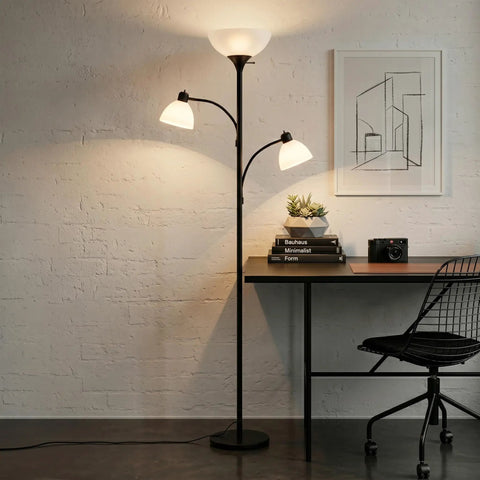 Sky Dome Double LED Floor Lamp With Two Reading Lamps, Torchiere Style, Lit Room-Filling Bright Light, Dimmable Tall Standing Lamp For Living Room, Office, Bedroom Reading, Black Pole next to a desk