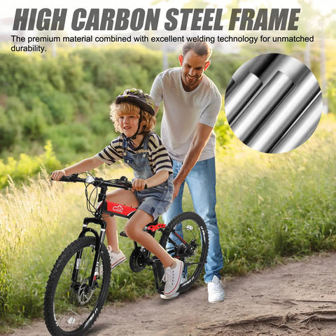Child riding All Terrain Folding Mountain Bike For Adults with adult assistance, high carbon steel frame, outdoor path
