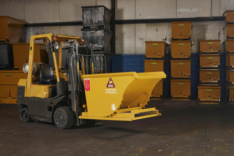 Commercial Grade 1 Cubic Yard Self Dumping Hopper Fits Standard Forklifts 6000 Lb Capacity Heavy Duty in warehouse setting.