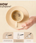 Instructional image showing a hand holding a cup of Turkish coffee with brewing steps; use Minnettar Dibek Coffee With Carob And Pistachio.