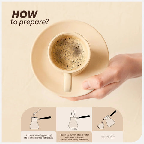 Instructional image showing a hand holding a cup of Turkish coffee with brewing steps; use Minnettar Dibek Coffee With Carob And Pistachio.
