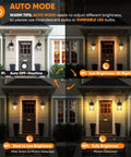 Auto mode demonstration of 2-Pack Motion Sensor Outdoor Wall Sconces with Dusk To Dawn Photocell, illuminating a house entryway.