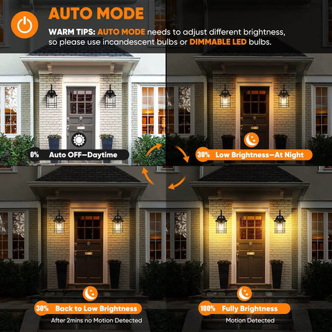 Auto mode demonstration of 2-Pack Motion Sensor Outdoor Wall Sconces with Dusk To Dawn Photocell, illuminating a house entryway.