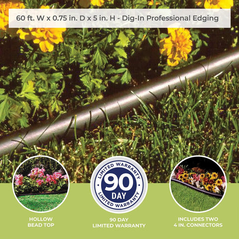 Pro Grade Landscape Edging Coil With Double Ridge Design For Flexible Sixty-Foot Roll For Gardens, Flower Beds, And Pathways Black Finish Made In The USA used to separate grass from flower beds.