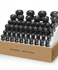 Multi Size Nylon Waterproof Cable Gland Kit With IP68 Cord Grips, 50 Piece Set, black cable glands on display.