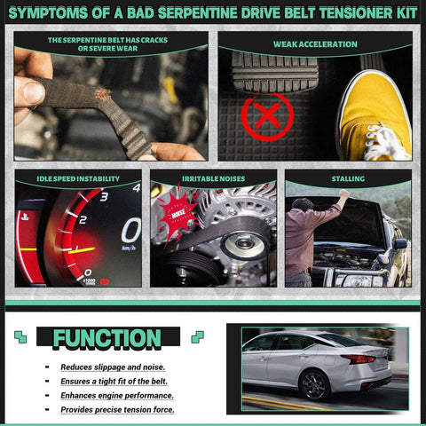 Nissan 3 5L V6 Serpentine Drive Belt Tensioner Kit With Pulley For Altima 2007 2012 Maxima 2009 2015 Murano 2009 2014 Replacement 39155 36356 36357 K070669 DIY Friendly infographic of bad belt symptoms