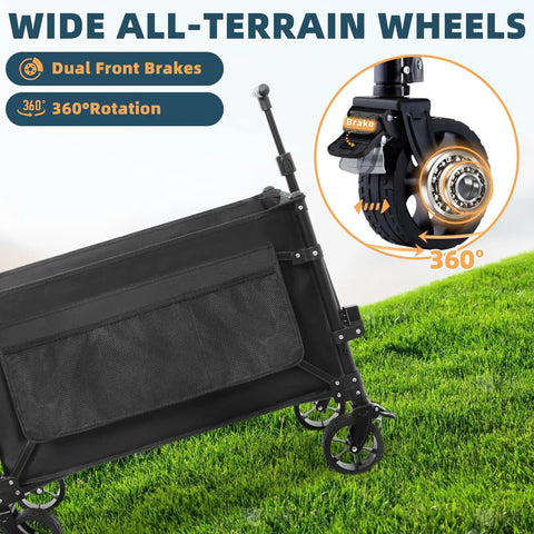 Collapsible Wagon Cart Foldable 150L Capacity And 360Lbs Load Portable Wagon with all-terrain wheels and brakes on grass