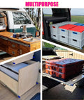 Collage showcasing Beefed Up Heavy Duty Full Extension Drawer Slides with Locking Push To Lock Handle for multipurpose use in vans and cabinets.