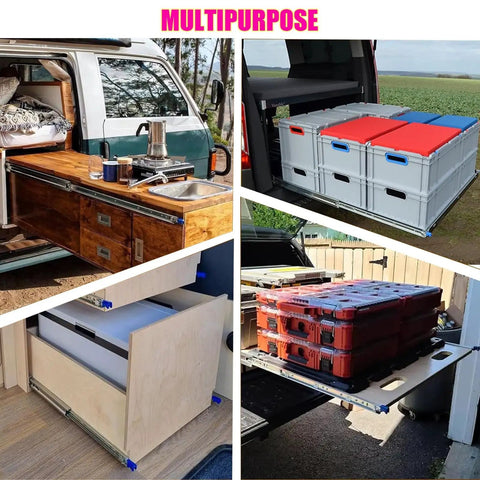 Collage showcasing Beefed Up Heavy Duty Full Extension Drawer Slides with Locking Push To Lock Handle for multipurpose use in vans and cabinets.