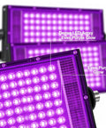 Close-up of 2 Pack 100W Black Light Flood Light Blacklight showing dense LED array and even purple glow for glow parties.
