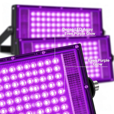 Close-up of 2 Pack 100W Black Light Flood Light Blacklight showing dense LED array and even purple glow for glow parties.