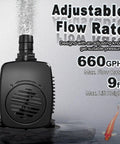 Pro Grade 45W Submersible Fountain Pump With 660GPH, 10ft Power Cord And Tubing, Overheat Protection shown with adjustable flow rate