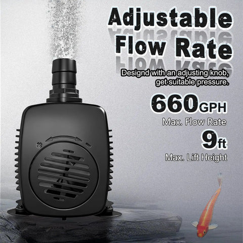 Pro Grade 45W Submersible Fountain Pump With 660GPH, 10ft Power Cord And Tubing, Overheat Protection shown with adjustable flow rate
